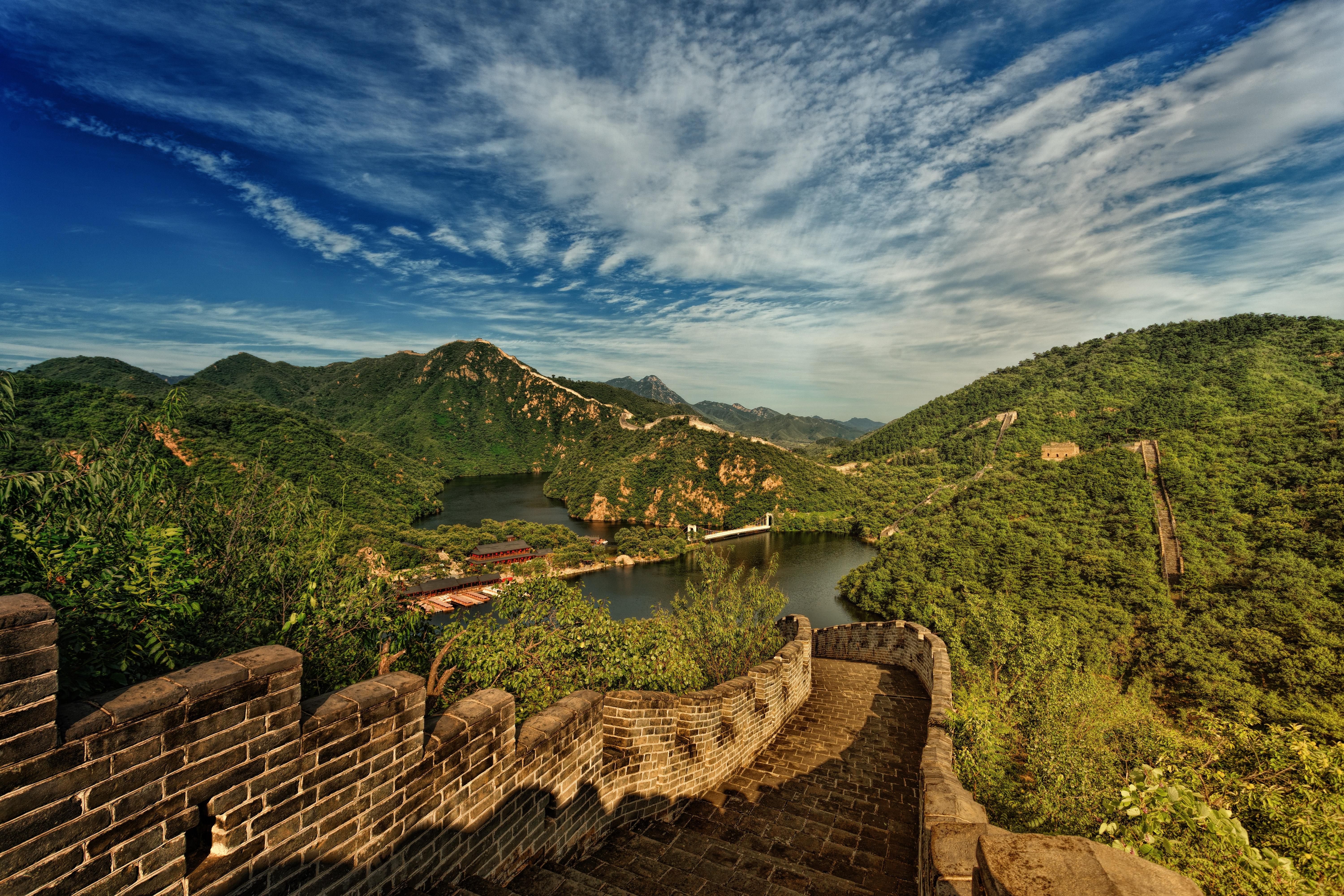 Wallpaper Great Wall Of China Lake Mountains Landscape