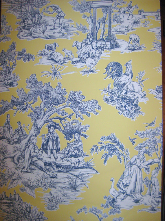 Gorgeous Thibaut Pastoral Toile Wallpaper On Yellow White And Blue