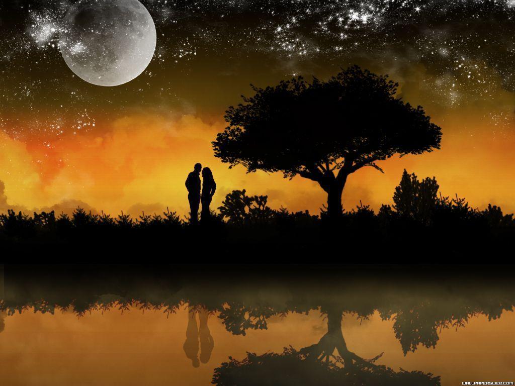 Silhouette of a couple standing by a lake under a starry night sky, reflecting a romantic mood