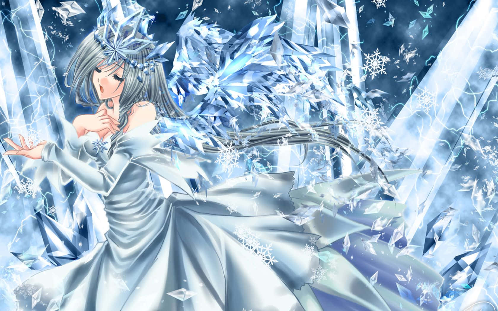 A stunning anime-style snow angel with icy wings and a flowing white dress, surrounded by snowflakes and ice crystals