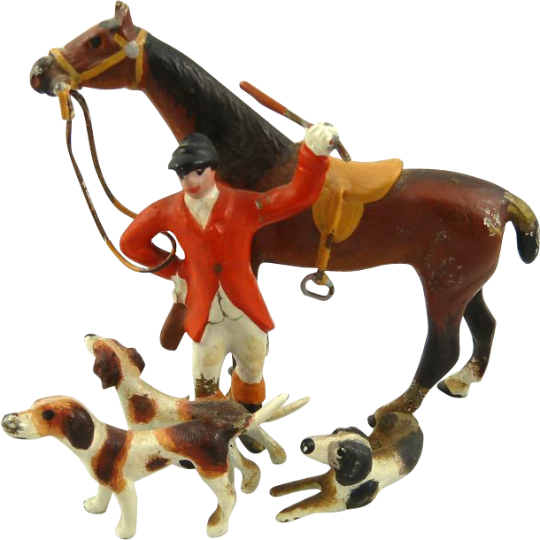 Antique Bronze Hunt Figurine Fox Hunting Scene Rider Horse Hounds