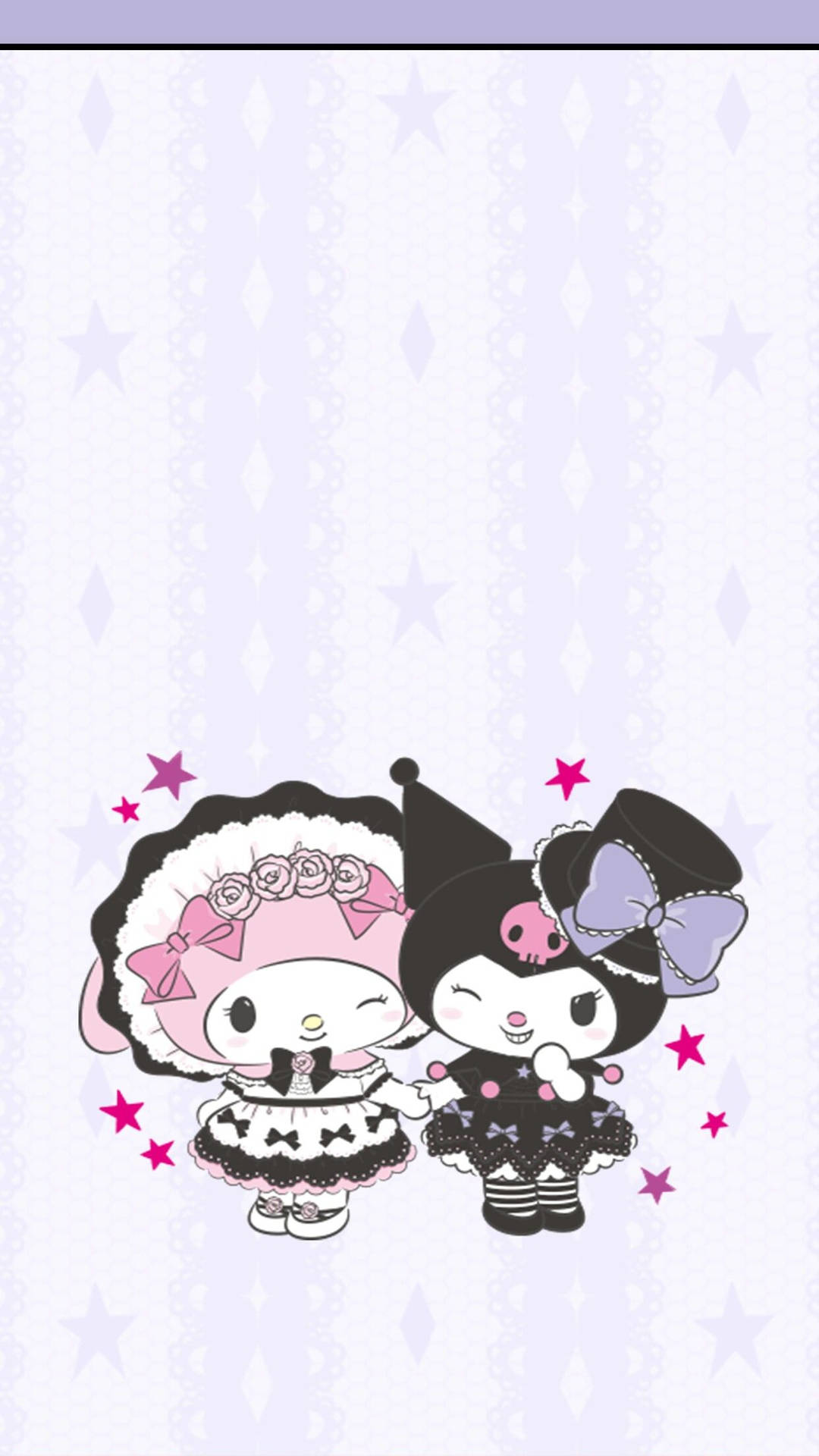 Kuromi and My Melody in gothic lolita outfits, against a light purple background
