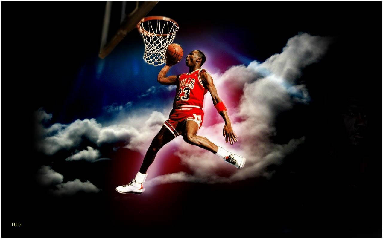 Michael Jordan performing a breathtaking dunk in mid-air against a dramatic cloudy backdrop