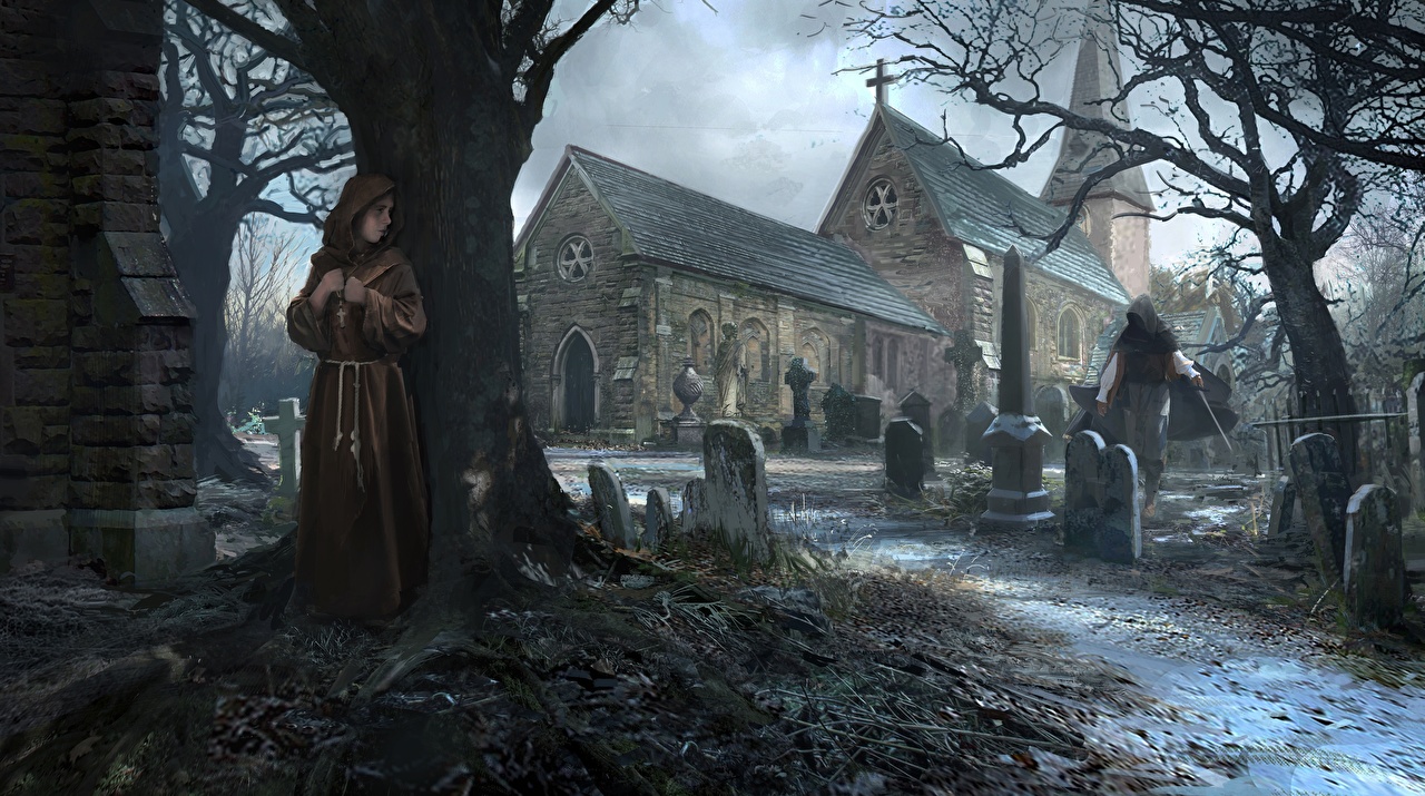 Wallpaper Church graveyard Gothic Fantasy RhysGriffiths Fantasy 1280x715