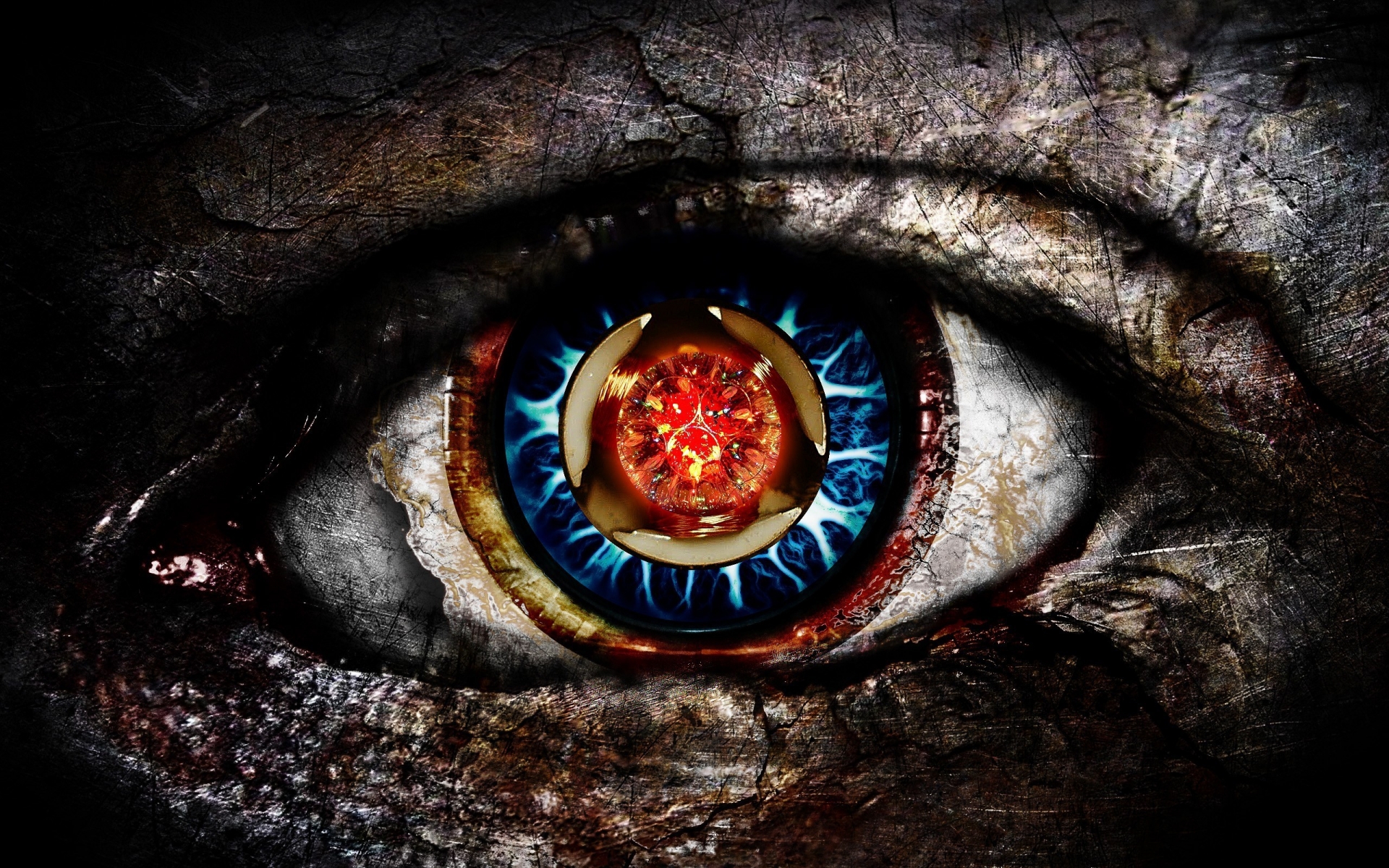 3D Render of an Eye with a Futuristic, Glowing Pupil Set in a Textured Surface