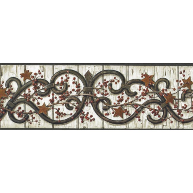 Folk Art Wrought Iron On White Bead Board Wallpaper Border All