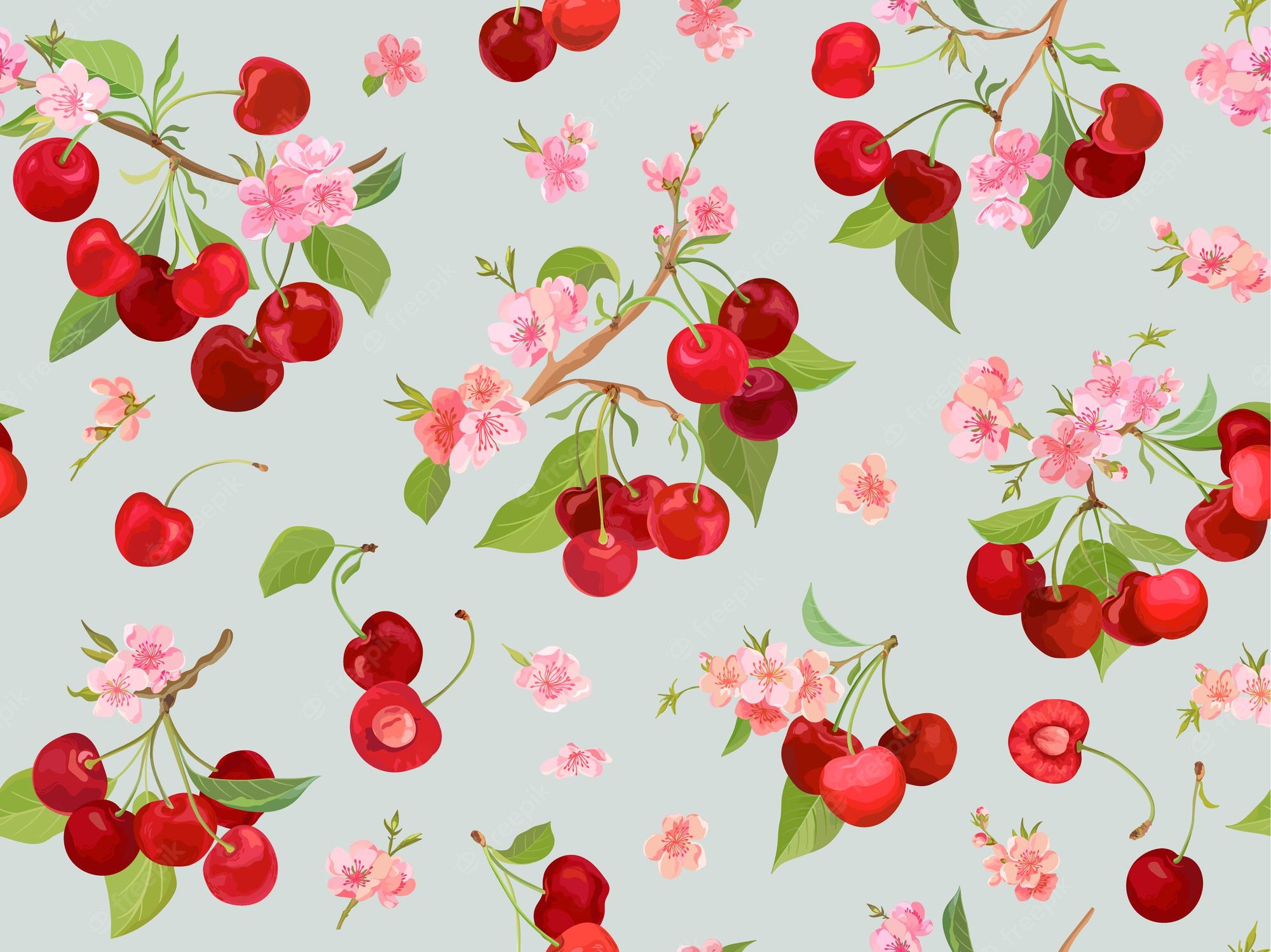 Premium Vector Seamless cherry pattern with summer berries