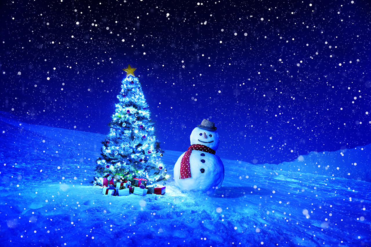 Desktop Wallpaper Christmas Winter New Year Tree Sky Snow Snowman