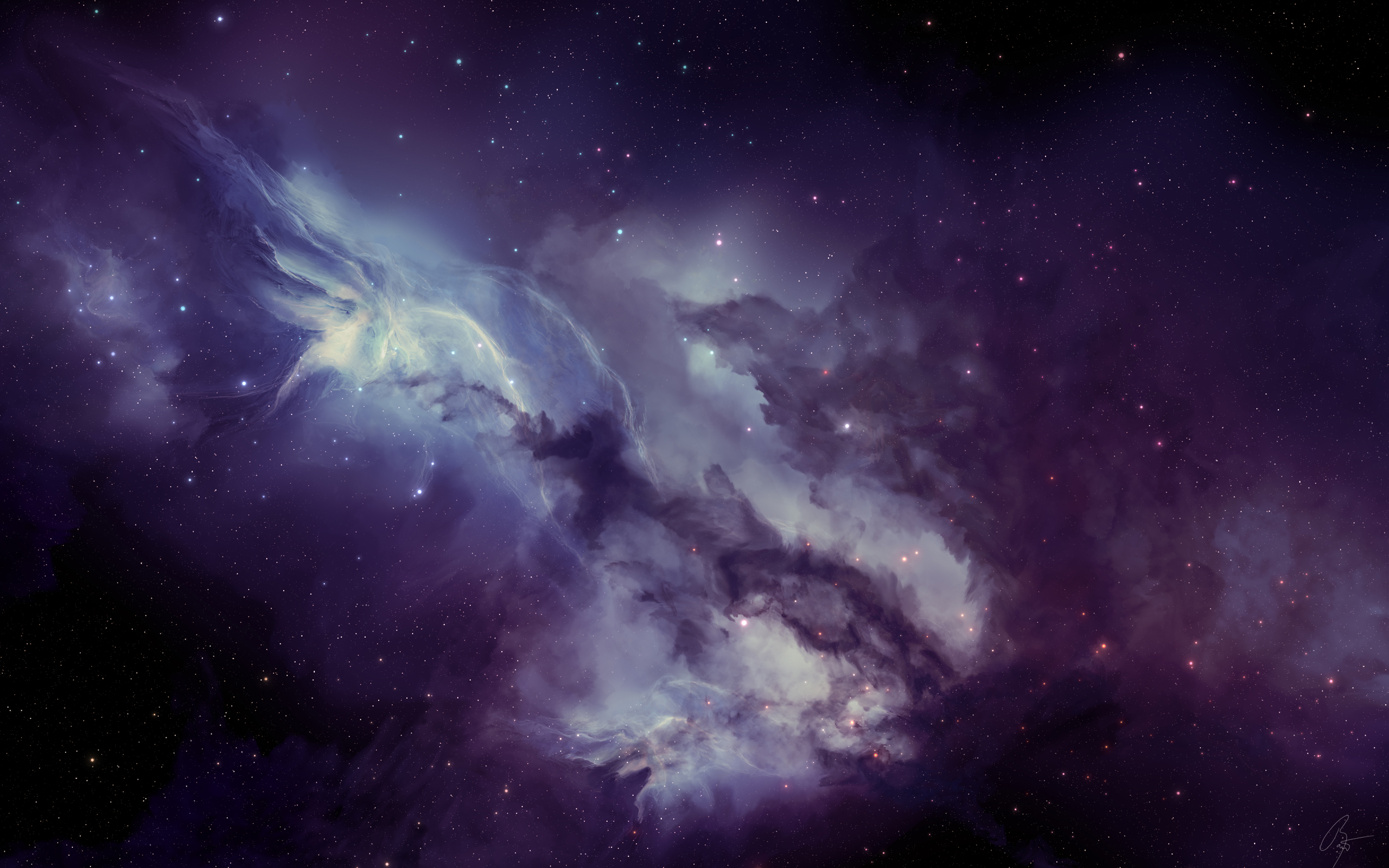 A breathtaking purple and blue nebula stretches across a dark, star-studded cosmic canvas. Wisps of interstellar dust and gas intertwine, creating a mesmerizing spectacle of light and color