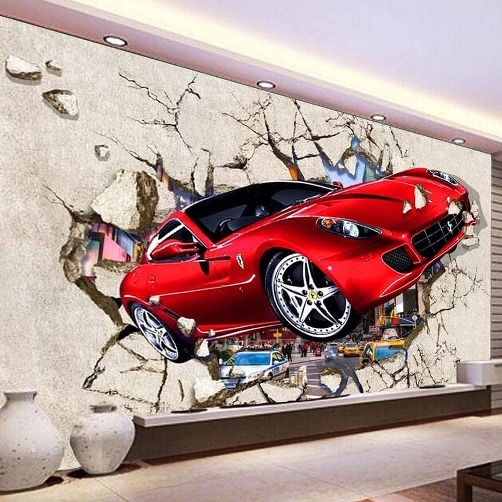 Wangc Custom Sports Car Wallpaper Mural 3d Red Broken Wall