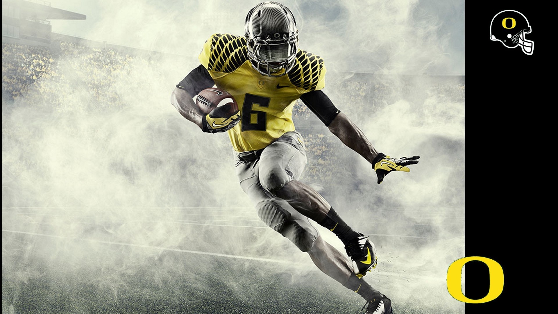 Oregon Ducks football player in Nike uniform running with the ball on a smoky field