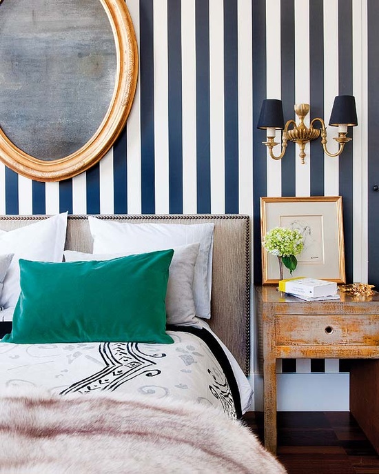 White And Navy Blue Striped Wall Eclectic Bedroom Nuevo Estilo
