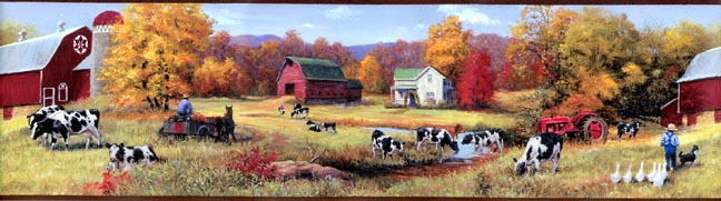 711395 Cow Pasture with Tractor Red Wallpaper Border 648x181