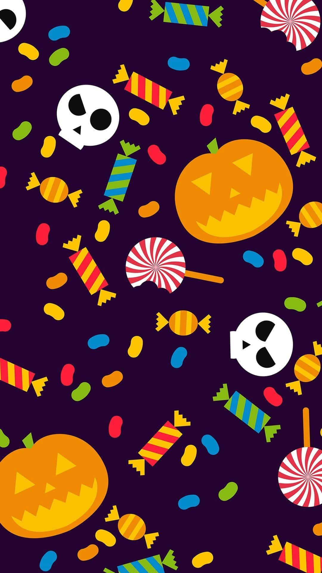 Kawaii Halloween wallpaper with cute pumpkins, skulls, candy, and jelly beans on a dark purple background