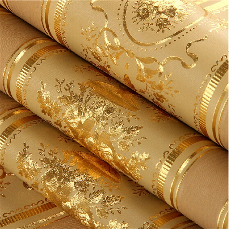 European Luxury Gold Foil Wallpaper 3d Floral Striped Roll