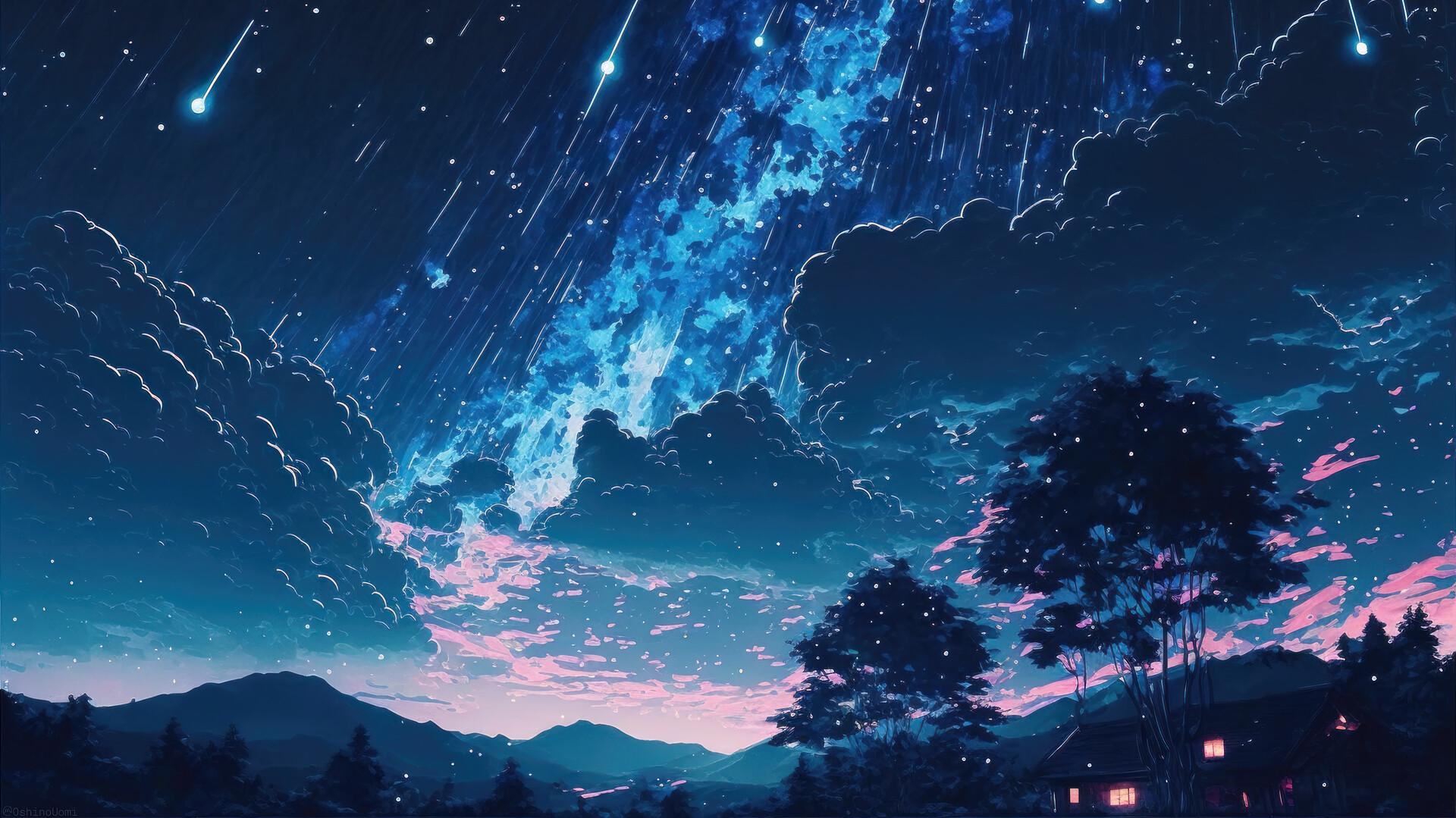 Night Sky Stars Clouds Scenery Landscape Anime 4k Wallpaper iPhone