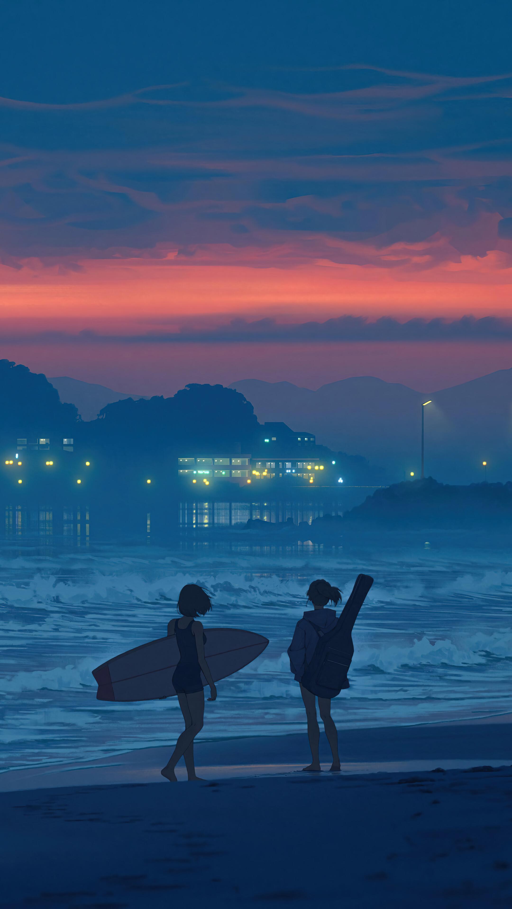 Anime Girls Beach Surfboard Sea Scenery Sunset 4k Wallpaper iPhone