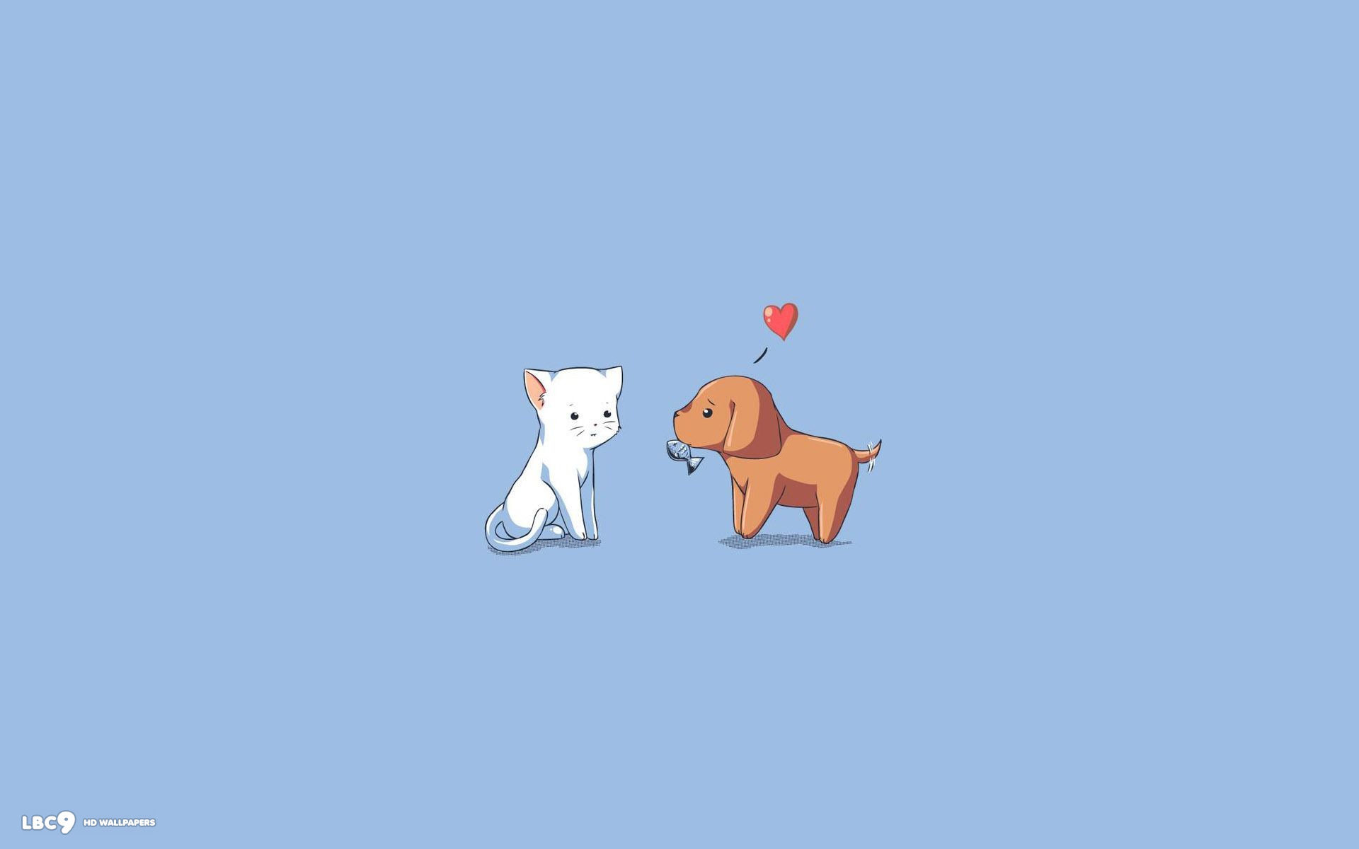 A cute cartoon dog offering a fish to a cute cartoon cat, with a heart floating above the dog's head, set against a light blue background