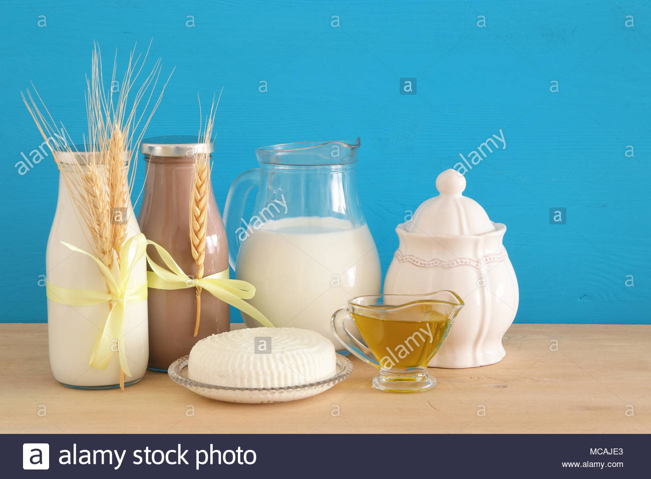 Image Of Dairy Products Over Wooden Background Symbols Jewish