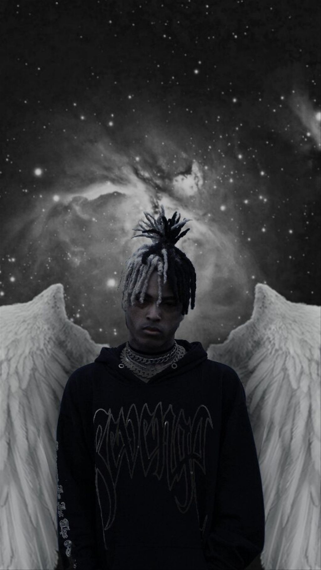A black and white artistic rendering of XXXTentacion with angel wings against a cosmic background