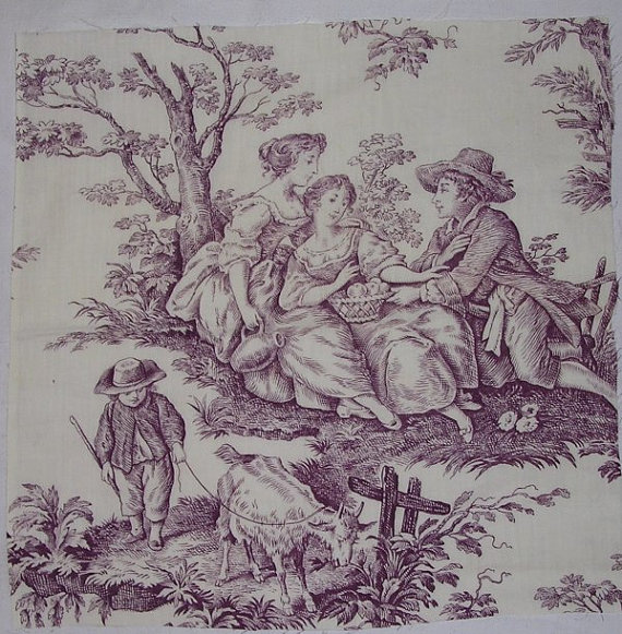 Vintage French Fabric Purple Toile Romantic Country Scene W Goat