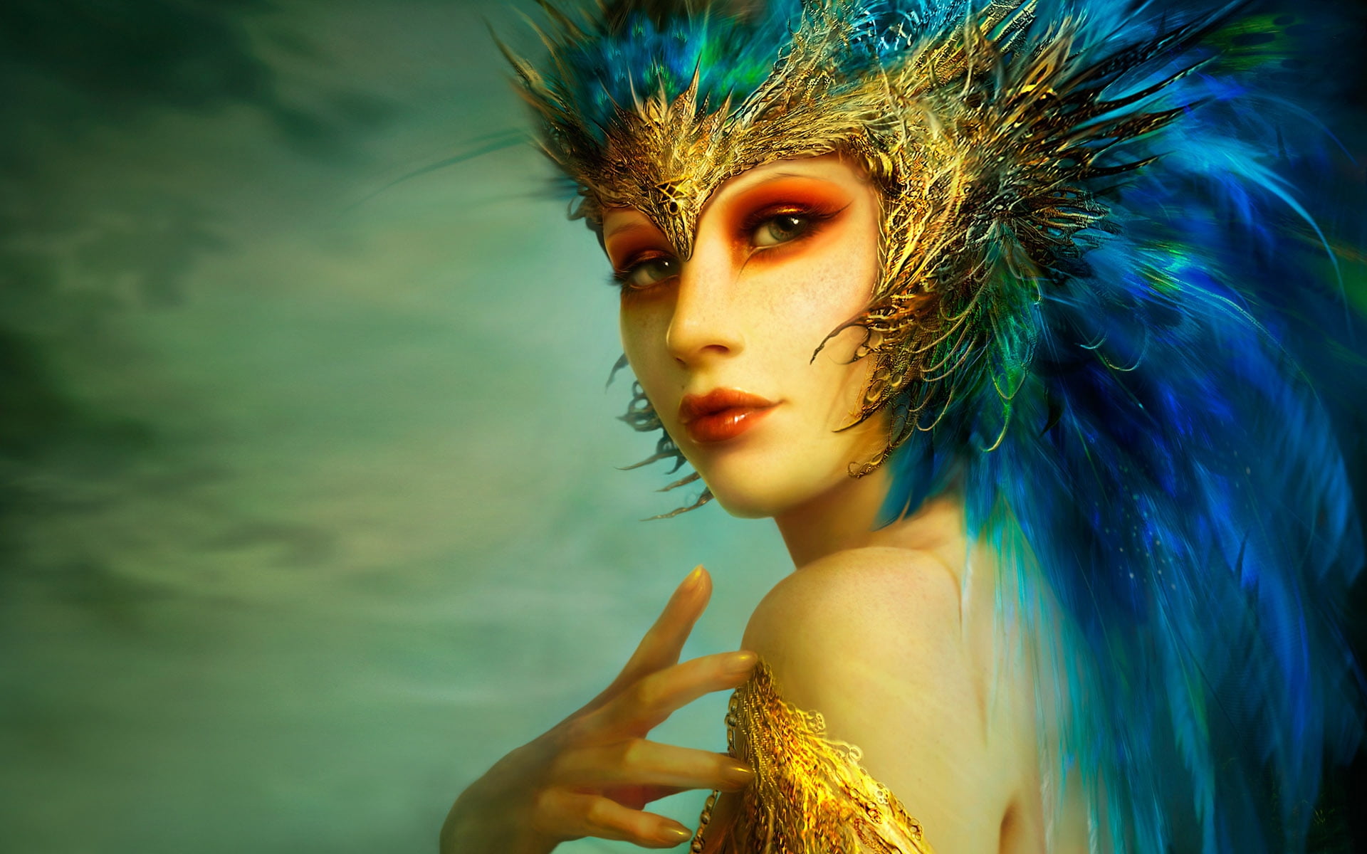Woman With Blue Feather Head Dress Art HD Wallpaper