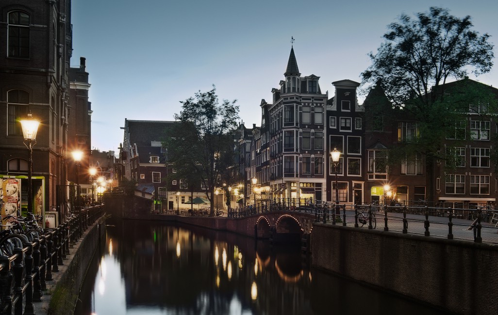 Street Amsterdam Holland Channel Evening Bridge Stock