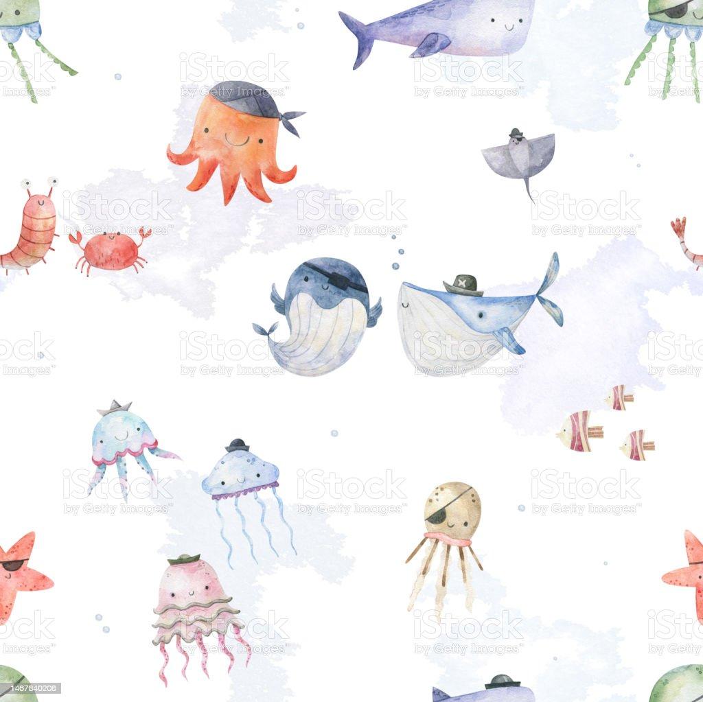 Seamless Pattern With Sea Creatures Endless Underwater Life