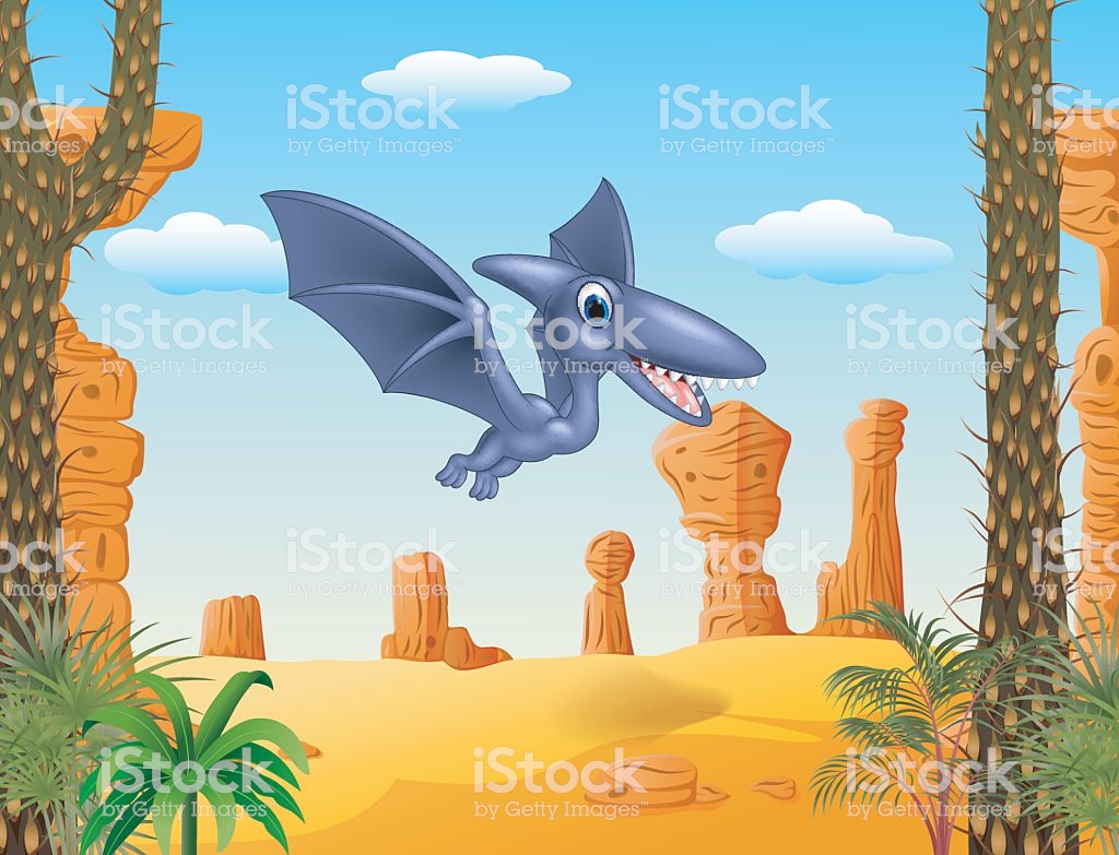 Cute Bird Pterodactyl Flying With Prehistoric Background Stock