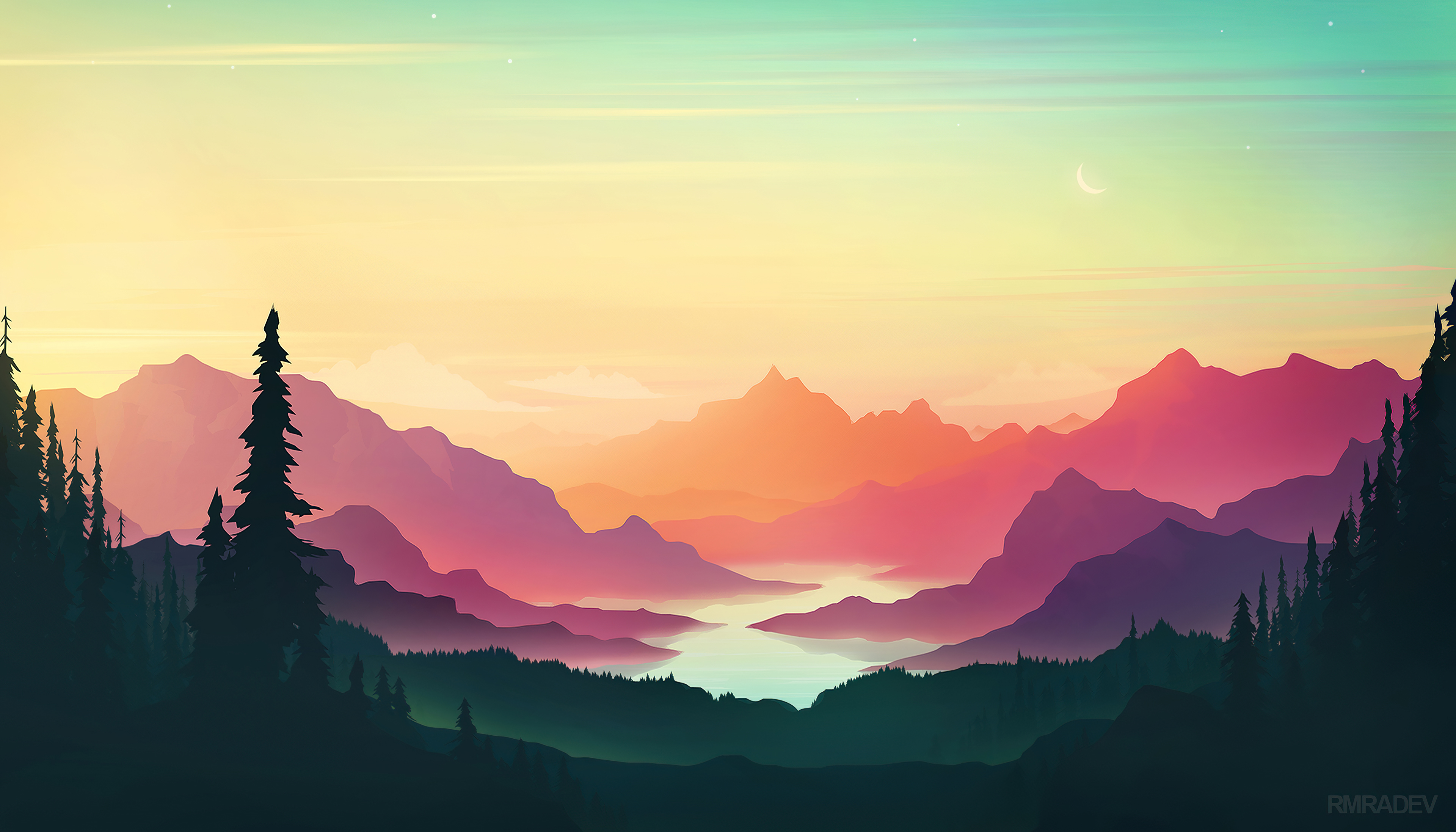 Minimalist 4k wallpaper featuring a serene mountain landscape at sunset with a crescent moon
