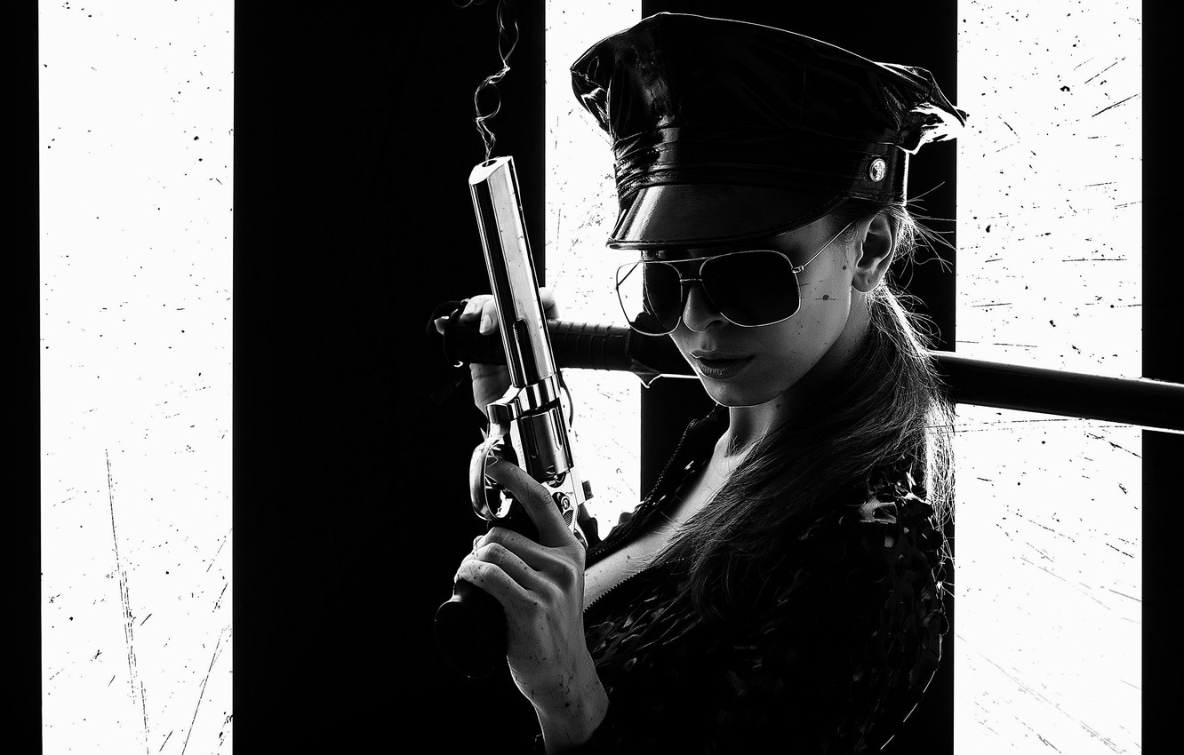 Wallpaper Girl Katana Glasses Black And White Revolver Cop