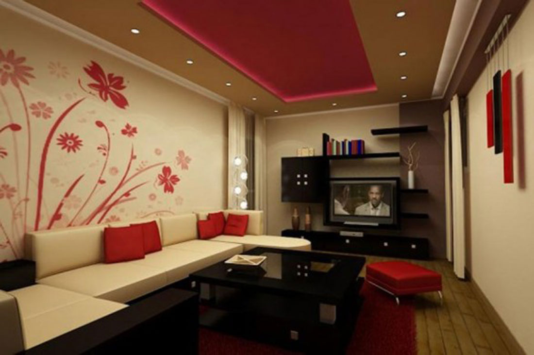 Red Flower Accent Wallpaper For White Wall Living Room Interior 2013