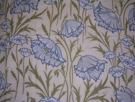 Pieces Antique French Art Nouveau Fabric Blue Poppies On Yellow
