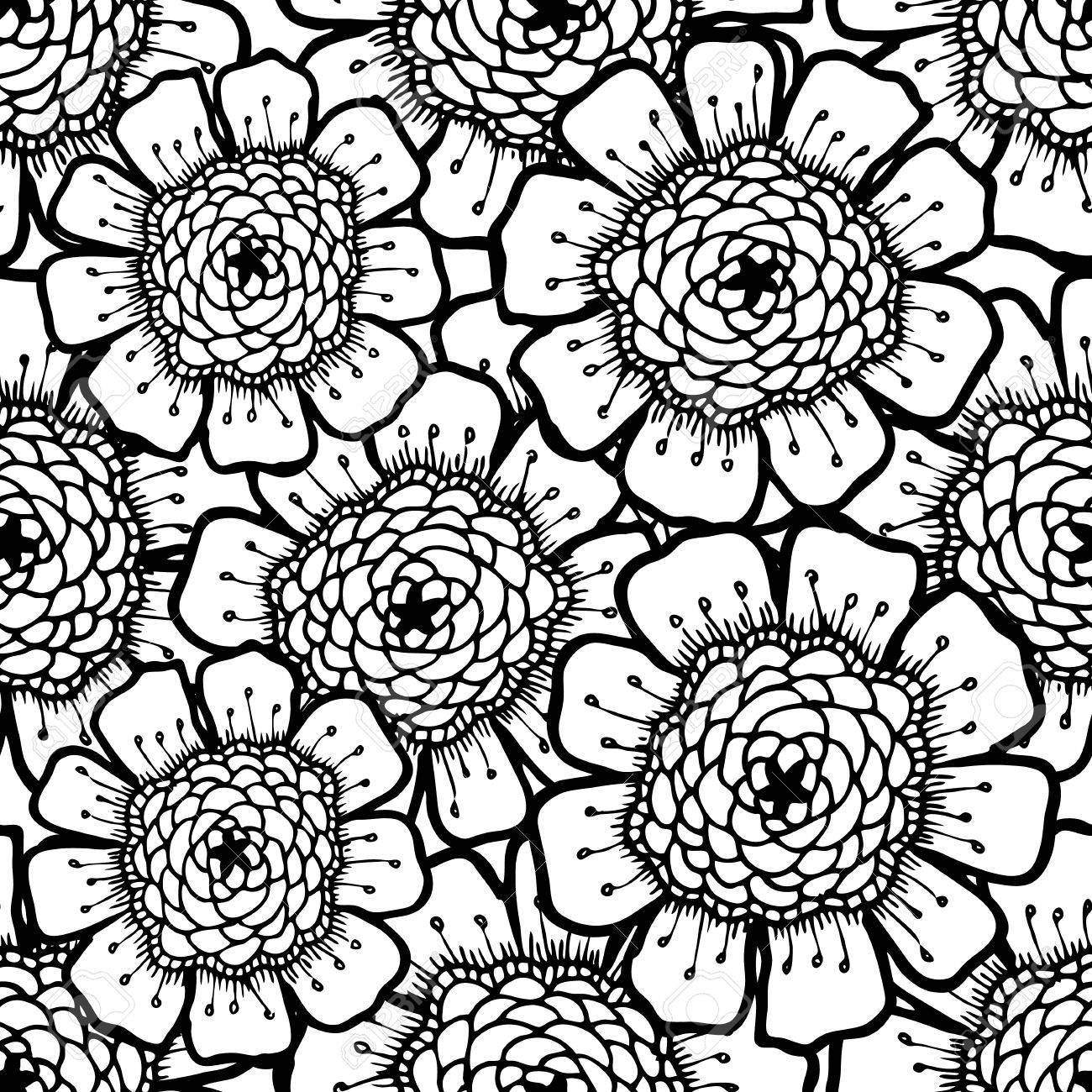 Ornate Floral Pattern With Flowers Doodle Sharpie Background