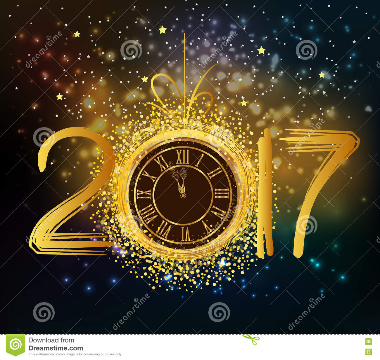 Happy New Year Background With Gold Clock Illustration