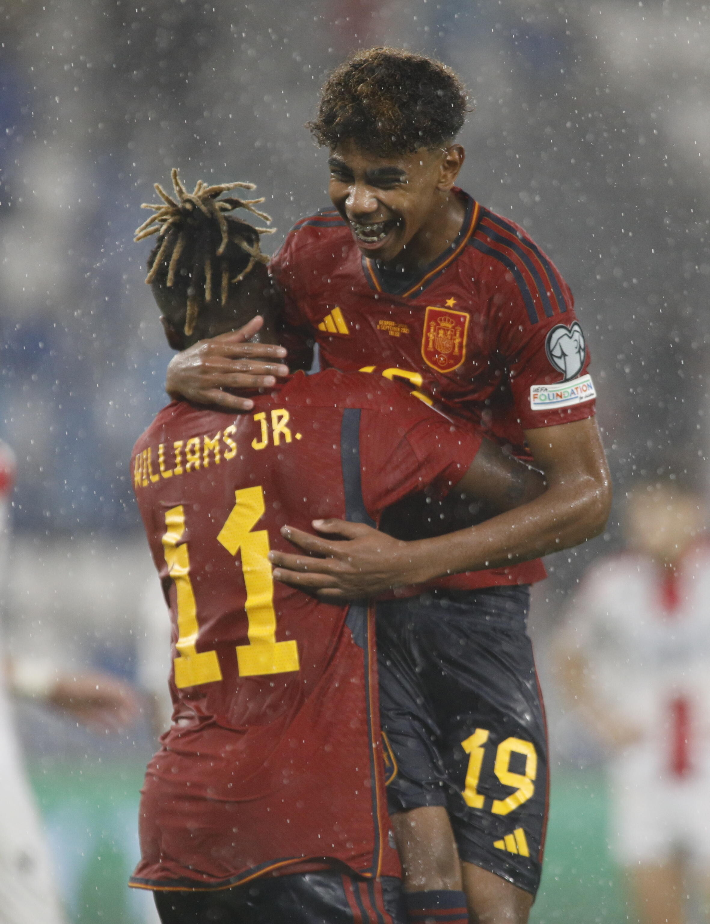 Lamine Yamal celebrates a goal for Spain's national football team