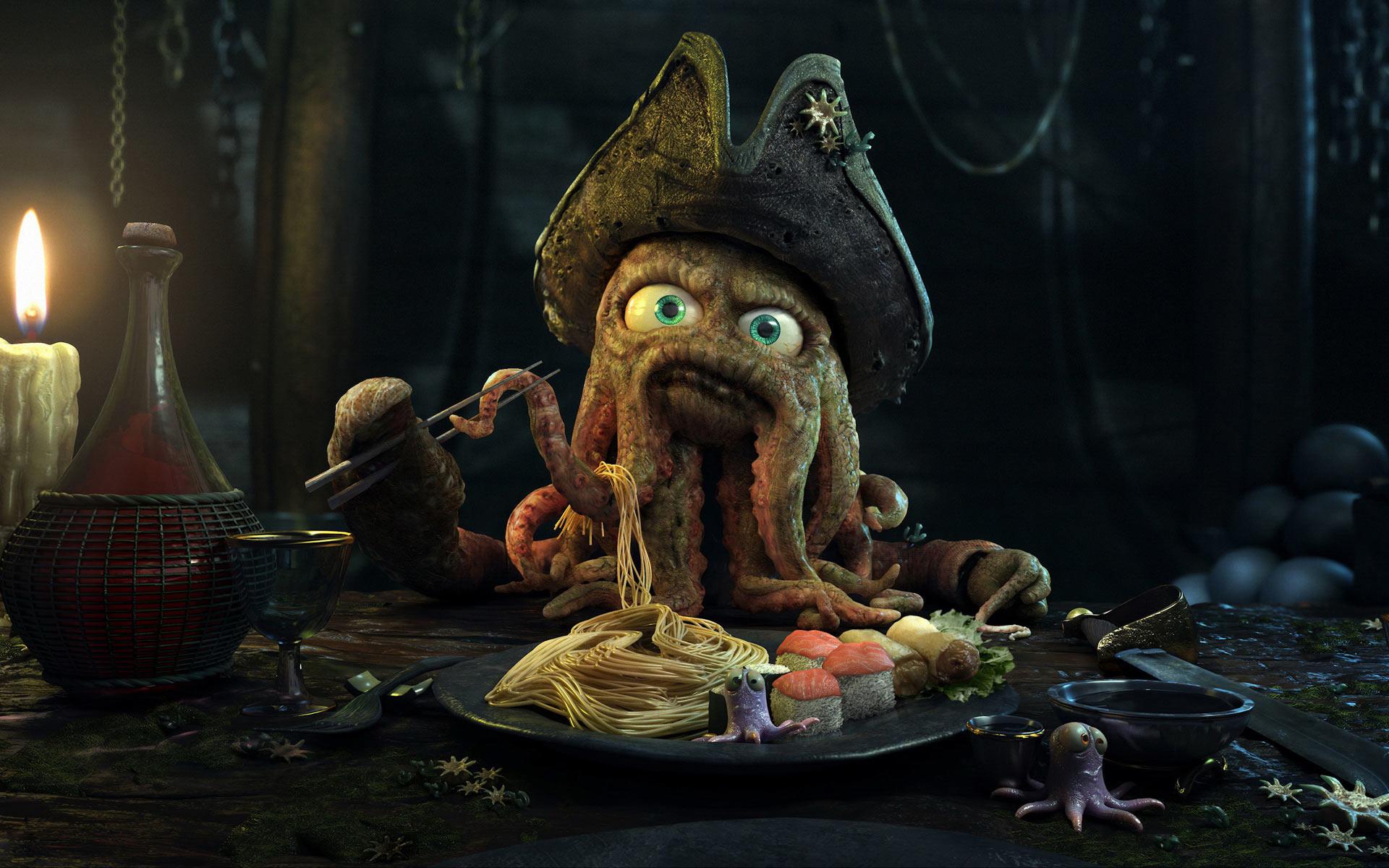 Octopus Pirate At Dinner Artistic Wallpaper
