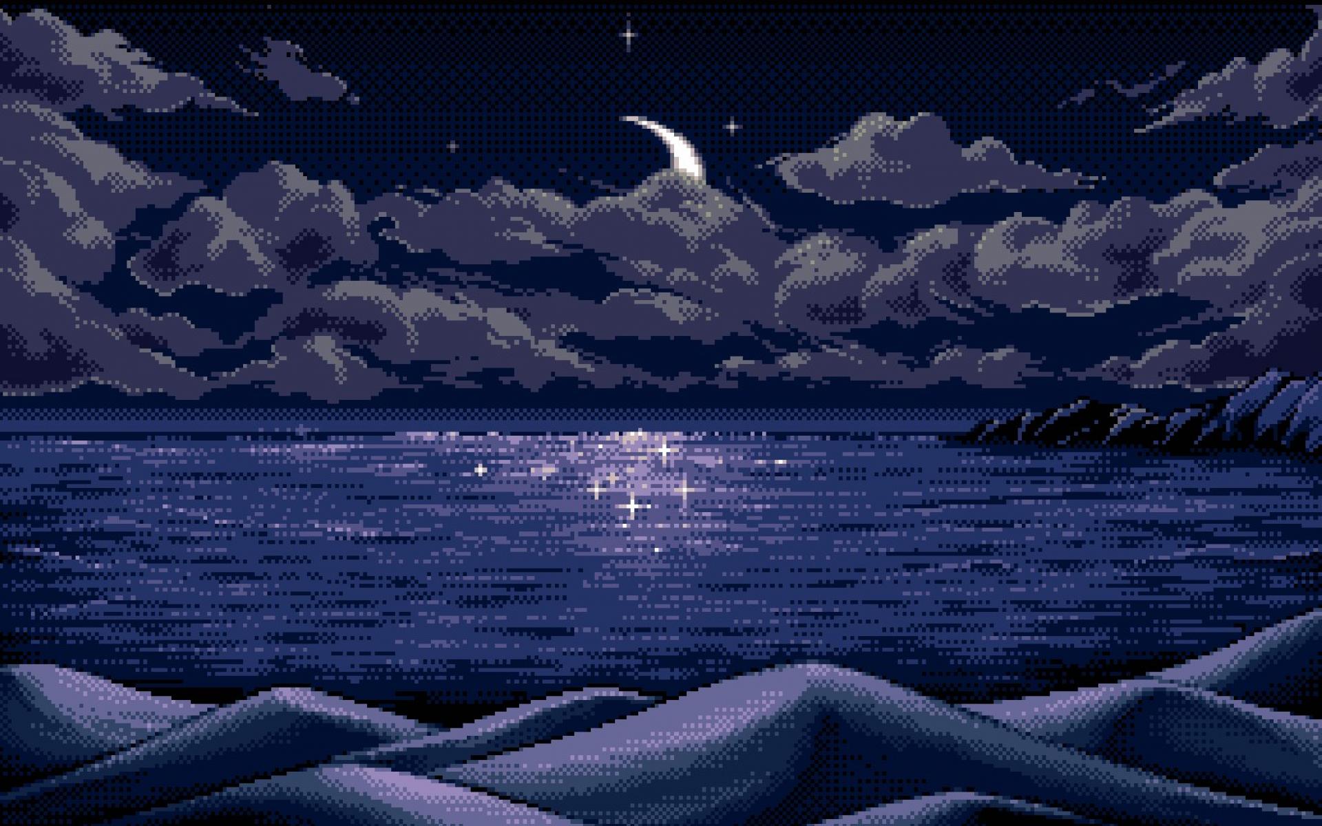 Clouds night moon pixel art lakes wallpaper 35182