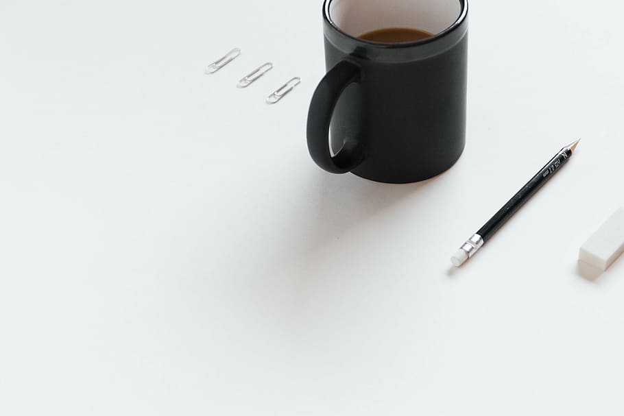 HD Wallpaper Black Coffee Mug Beside Pencil Near White Eraser