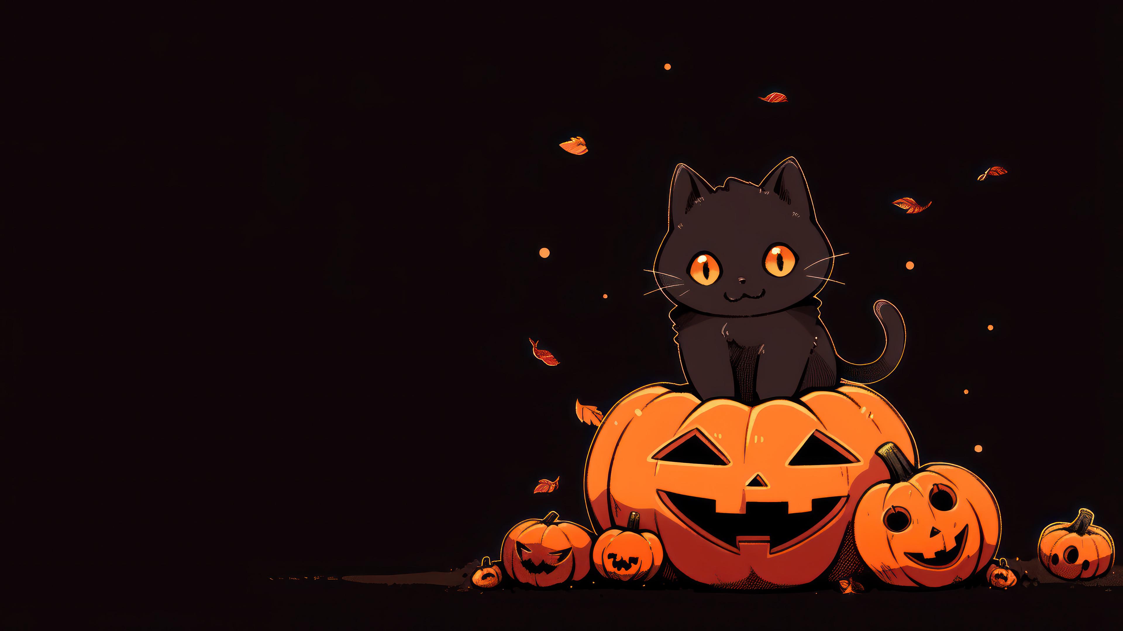 Jack O Lantern Pumpkin Black Cat Halloween 4k Wallpaper iPhone HD