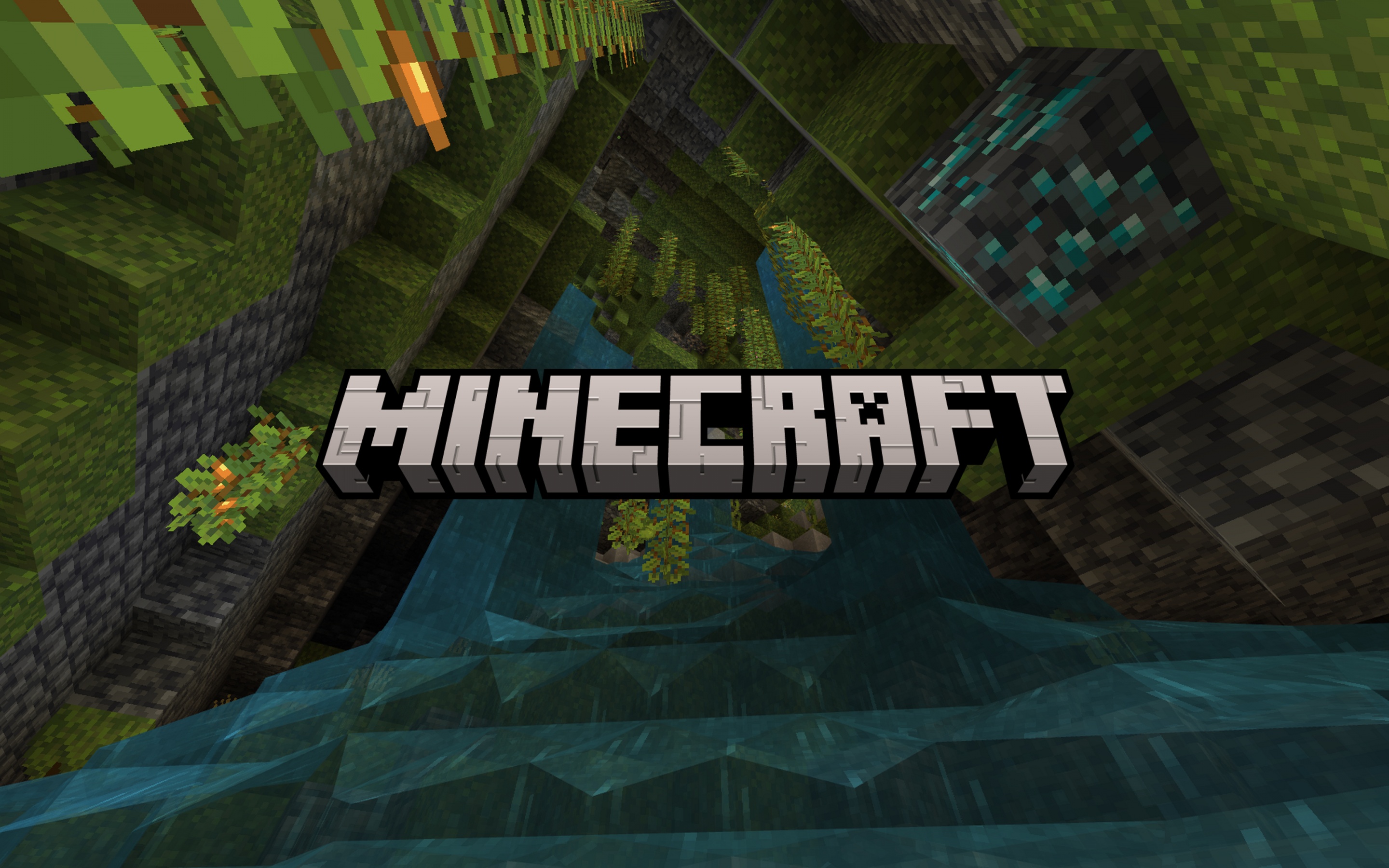 A lush Minecraft landscape with a waterfall, diamonds, and greenery, perfect for a Minecraft background