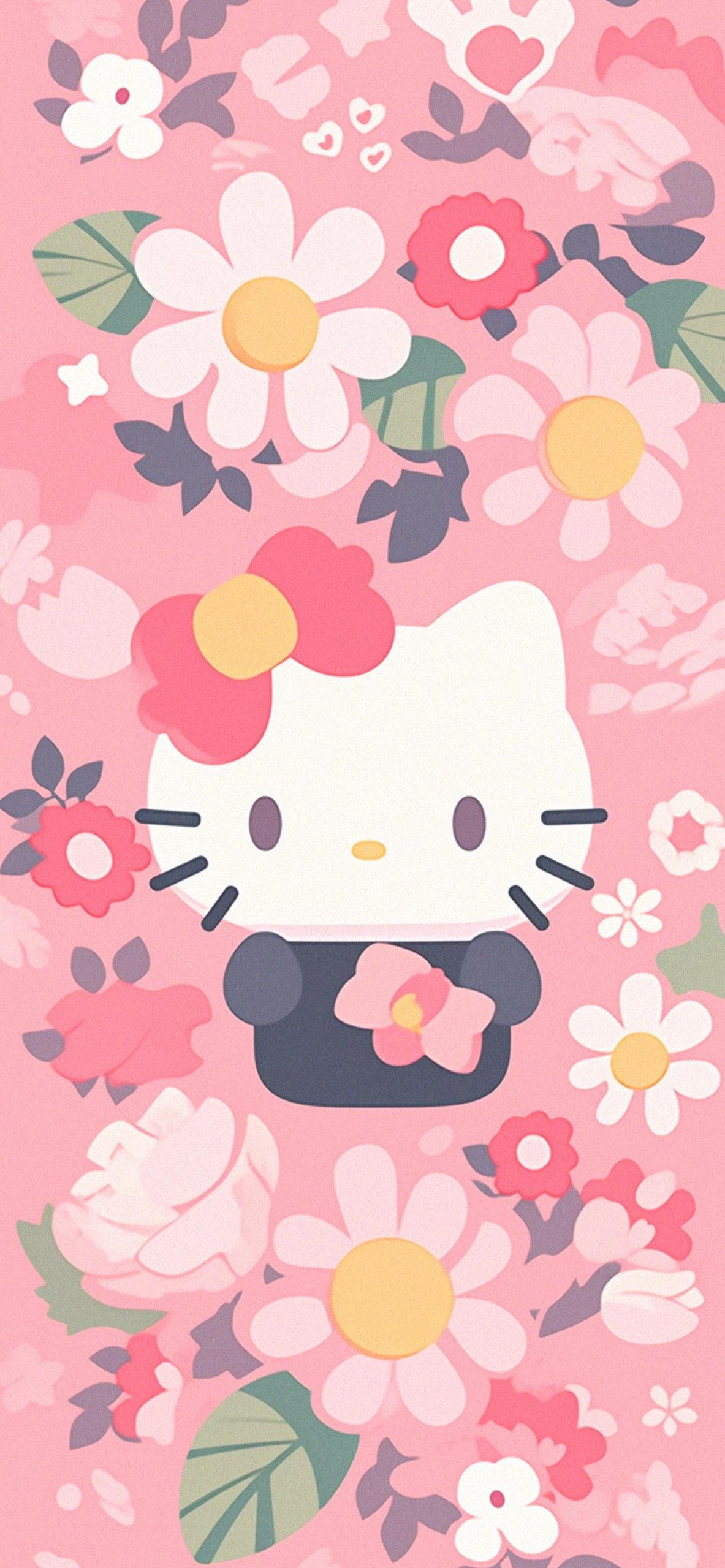 Hello Kitty Pink Flowers Pattern Wallpaper