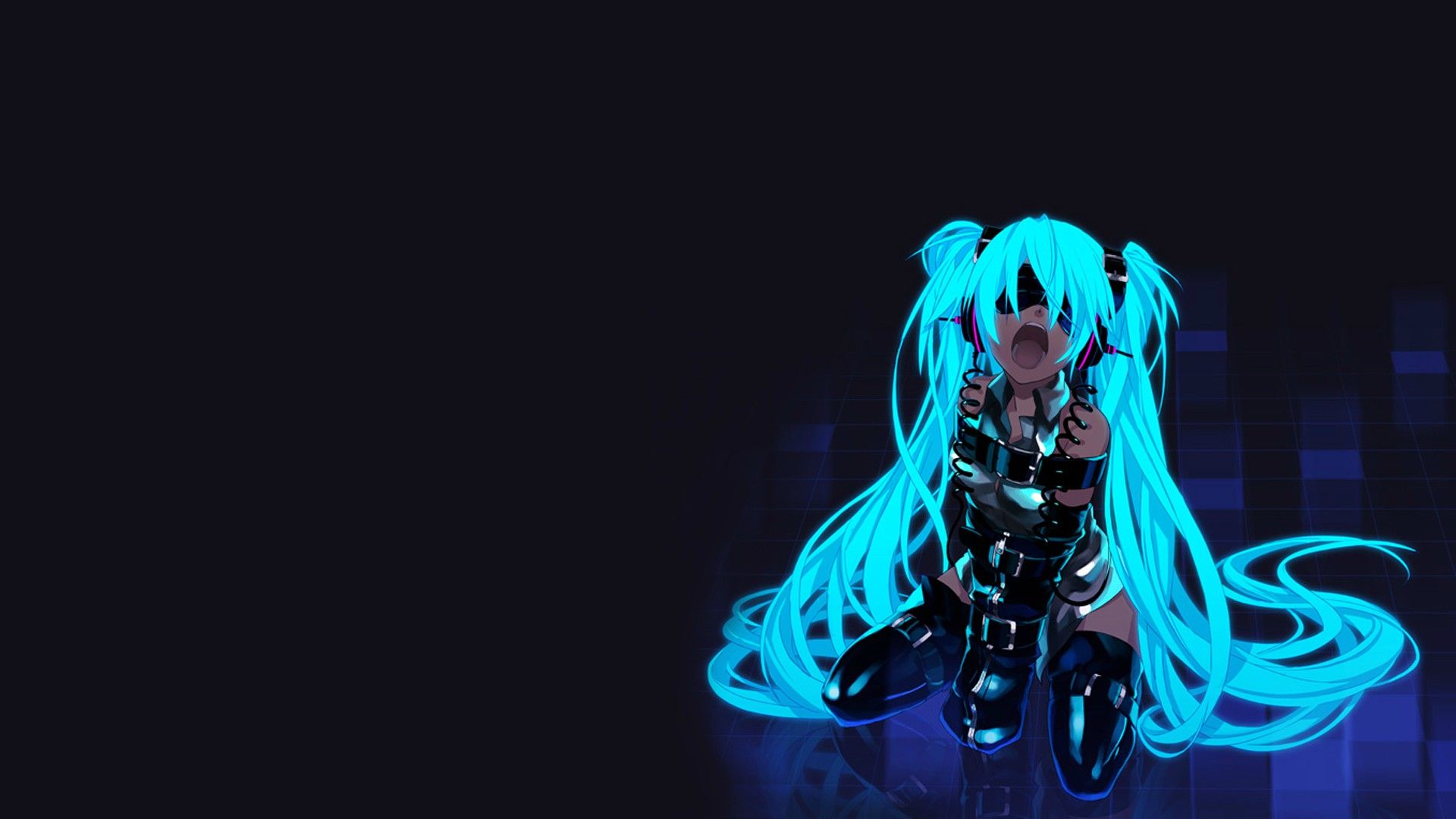 A vibrant anime girl with glowing turquoise hair and dark attire, set against a dark, digital background