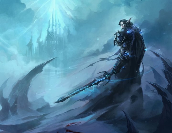 Dark Elf With Black Sword In Icy Landscape World Of Warcraft Mmorpg