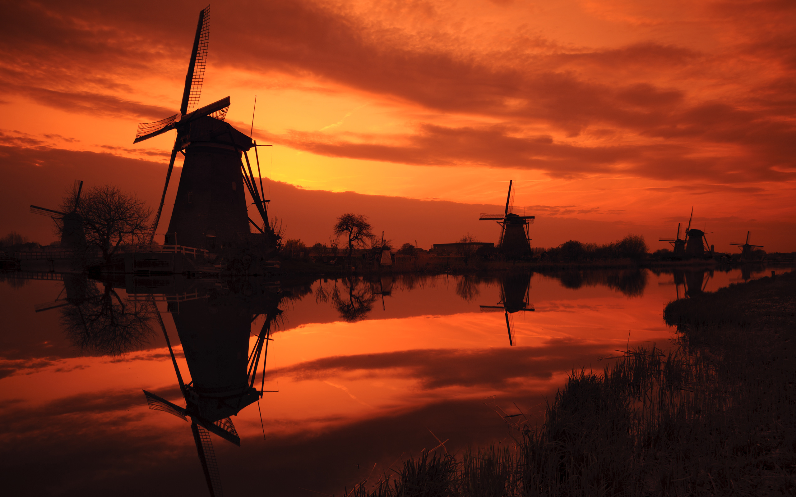 Kinderdijk Sunset The Herlands Mills Windmills Sky Wallpaper