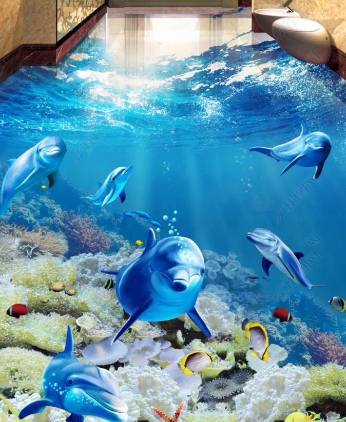 3d Wallpaper Custom Tropical Fish Dolphin Flooring Bedroom