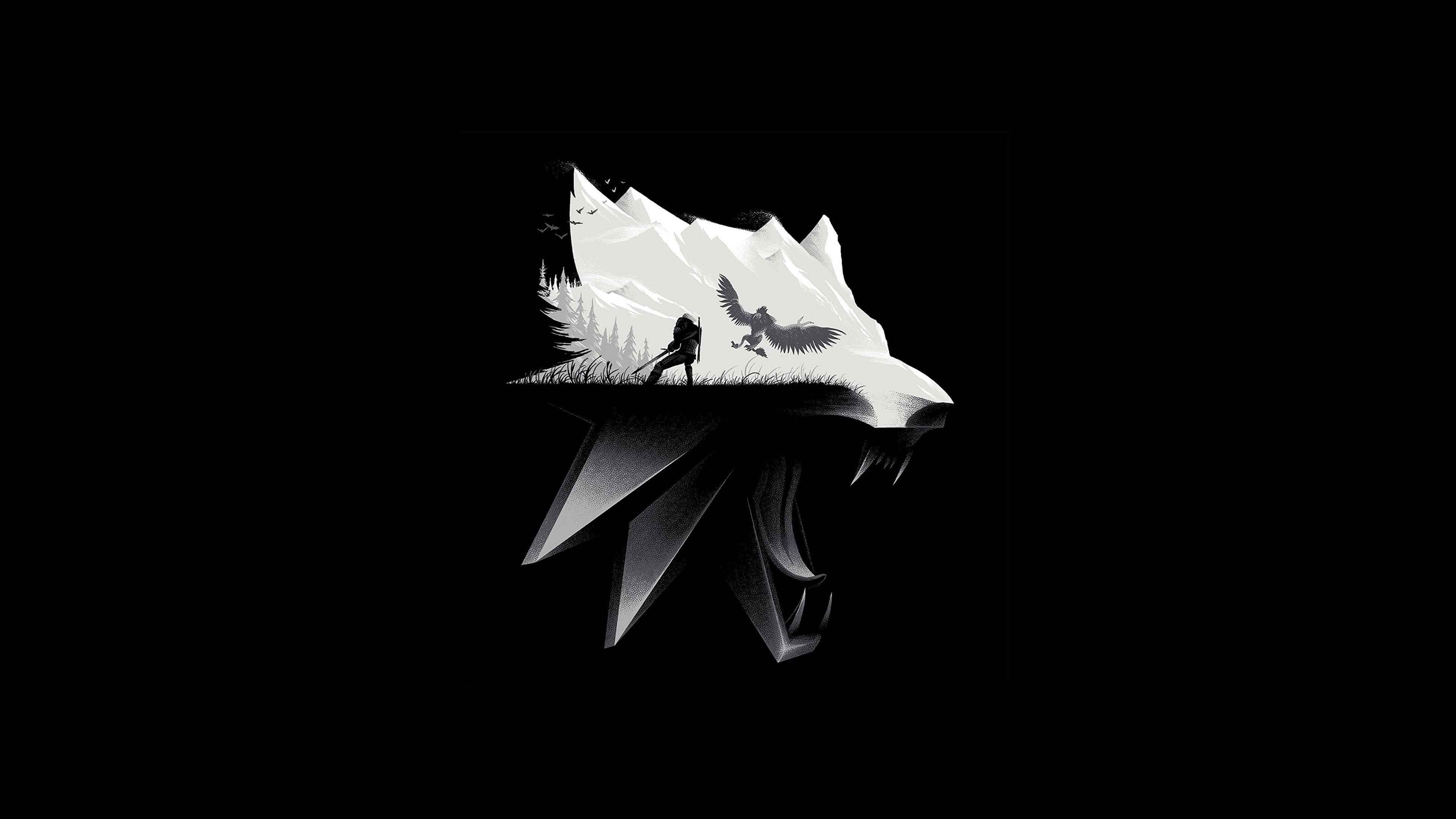 A stylized black and white image of a wolf's head silhouette against a black background. The top half of the wolf's head contains a scene with mountains, a warrior with a sword and shield, and a large bird in flight. The bottom half of the wolf's head is a more geometric, angular rendering