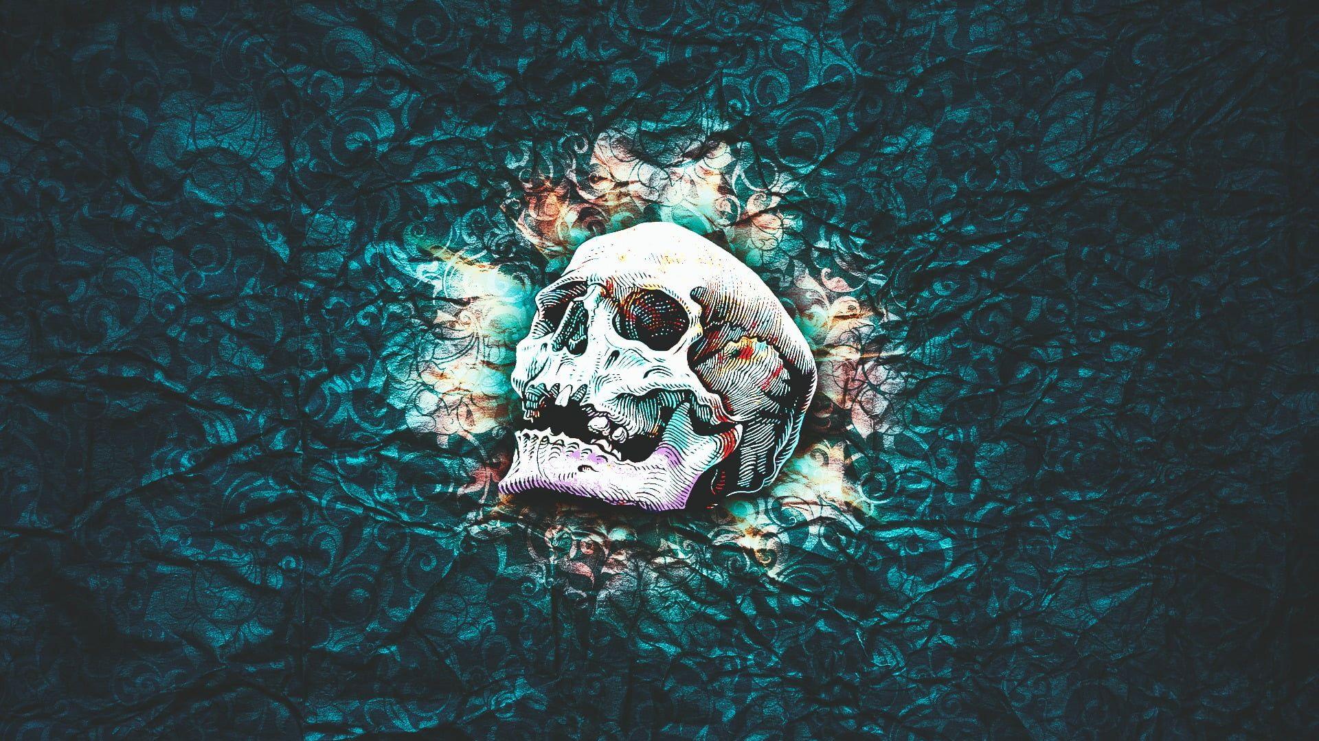 White And Teal Skull Painting Bones Abstract