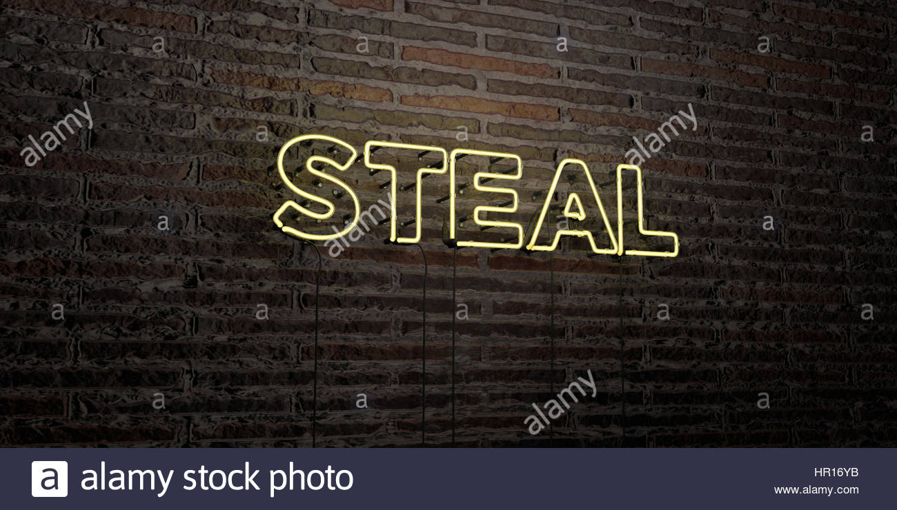 Steal Realistic Neon Sign On Brick Wall Background 3d Rendered