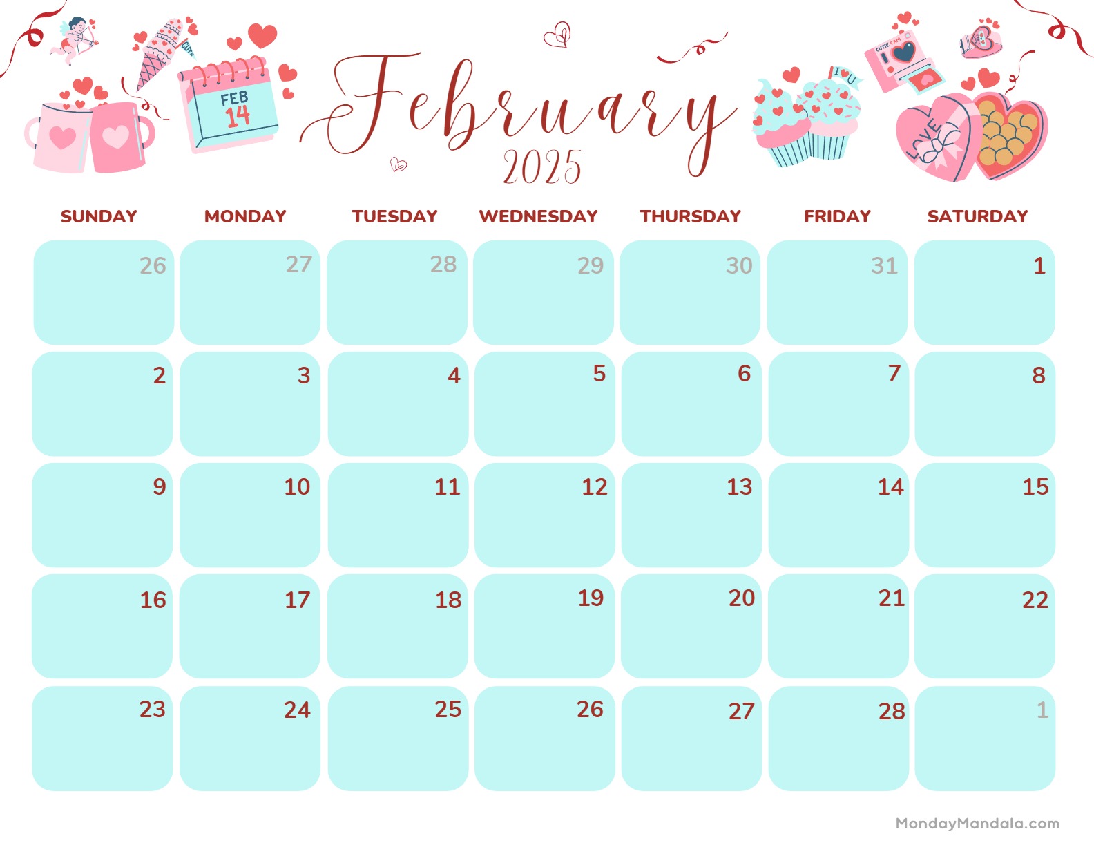 February 2025 calendar with Valentine's Day theme. Light blue background with cute Valentine's icons